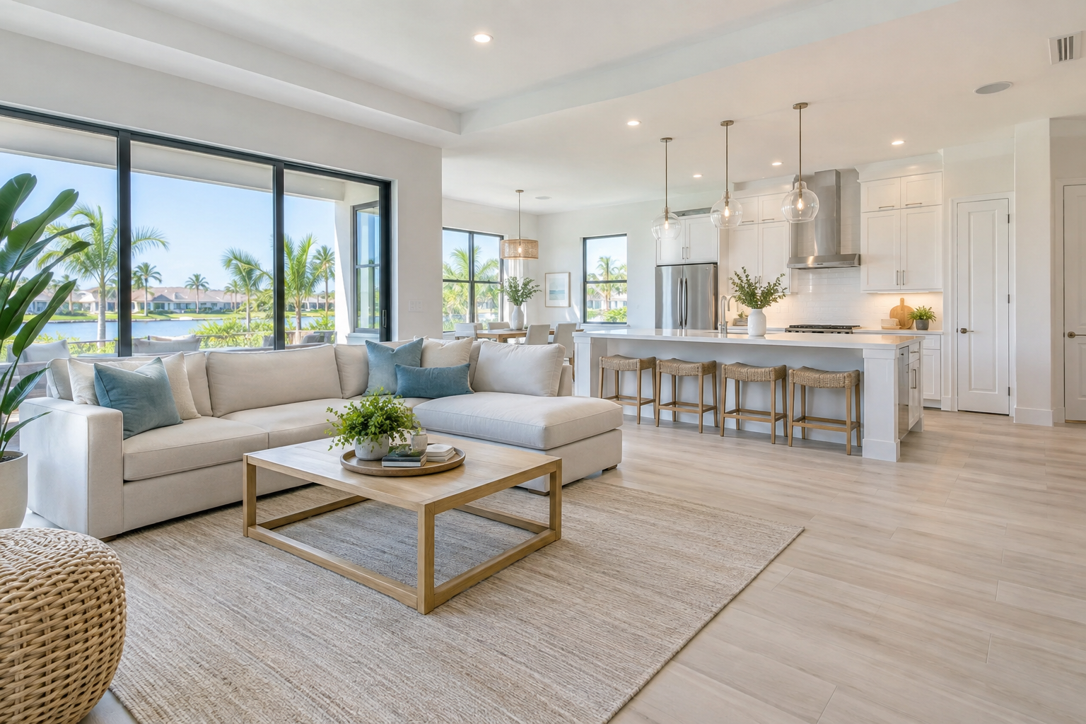 Bright, professionally cleaned living room and kitchen